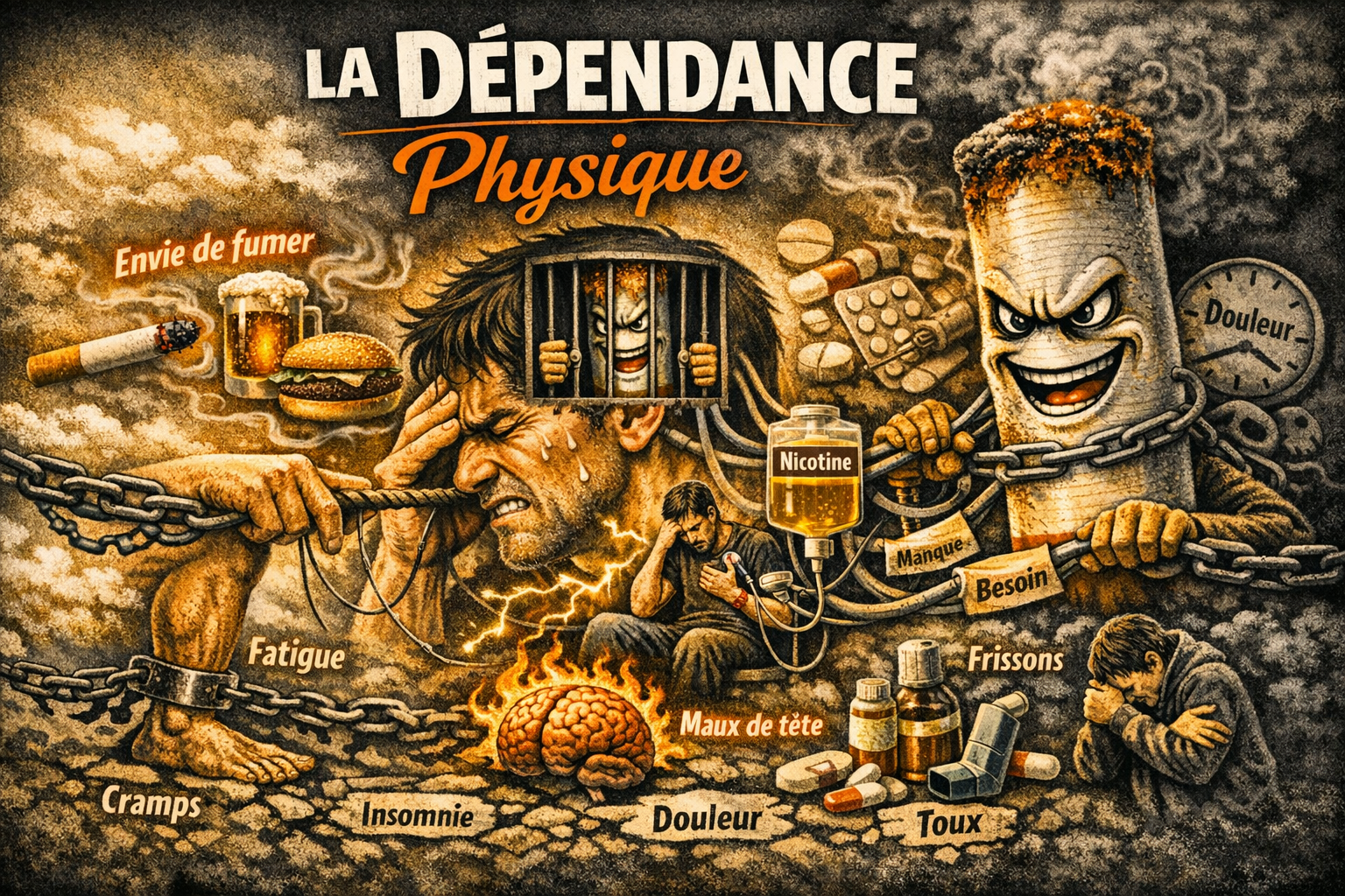 Illustration sur la dépendance physique au tabac : un homme relié à une cigarette géante par des tubes de nicotine, symbole de l’emprise corporelle et des symptômes comme fatigue, insomnie, douleur et manque. Visuel pour site sur l’arrêt du tabac